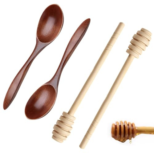 Aihoom Cuillères à Miel, 4 Cuillères à Miel en Bois, Inclure 2 Cuillères en Bois de 14 cm et 2 Mélangeurs à Miel de 15 cm, pour Miel, Confitures, Lait Concentré ou Sirop
