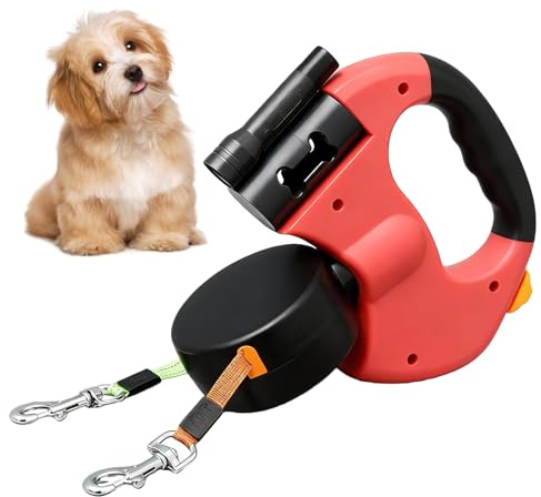 BAIFULAI Einziehbare Hundeleine für 2 Hunde, 3m Doppelleine für 2 Hunde mit Licht, Anti Rutsch Griff, ausziehbar, Rollleine Leine für Kleine Und Mittelgroße Hund (Rot)