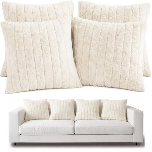 HAND Cuscini Decorativi Divano 45x45 cm Beige in Velluto Effetto Pelliccia, Sfoderabili con Cerniera Invisibile, Cuscini Eleganti, Federa e Imbottura inclusa, ALTA QUALITA (Beige Chiaro, Set da 4)