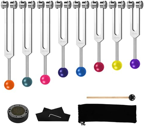 Conjunto de diapasones Solfeggio Chakra para yoga, meditación y terapia de sonido, con paño de limpieza, bolsa de almacenamiento y activador para relajación, reducción del estrés y experiencia