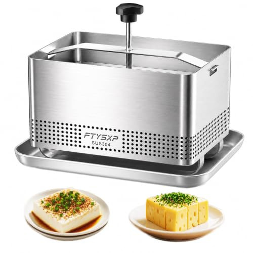 FTYSXP Pressa per tofu in acciaio inox 304, regolabile, con vaschetta raccogligocce e panno per formaggio, senza BPA, lavabile in lavastoviglie, per tofu, paneer, formaggio e verdure, 16 x 13 x 13 cm