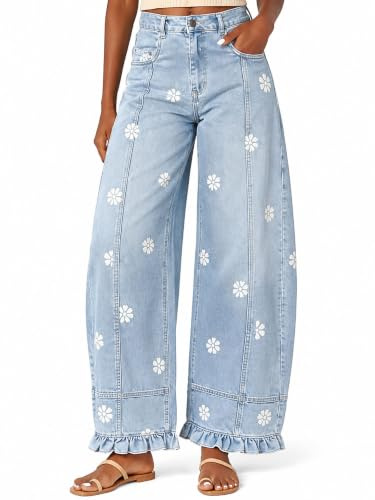 Cemssitu Barrel Jeans for Women, Floral Print Wide Leg Denim Pants, Y2K Patchwork Baggy Boyfriend Jeans
