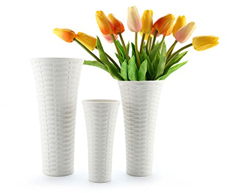 ComSaf 20cm Hoch Porzellan Blumenvasen Weiß 3er-Set Vasen, Deko vase mit Webmuster für Wohnzimmer, Büro und Hochzeit Vase für Pampasgras