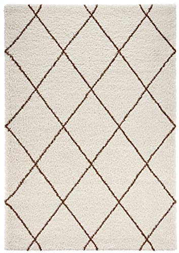 Mint Rugs Feel Alfombra de Pelo Largo, Suave, mullida, Pelo Largo, Shaggy Flokati con patrón de Rombos para salón, Cocina, Pasillo o Dormitorio, Color Crema y marrón Ocre, 160 x 230 cm, Polipropileno