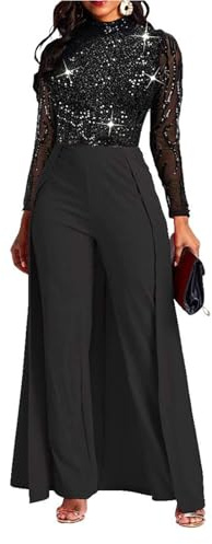 VERWIN Patchwork Overlay Embellished Plain Women's Jumpsuit High-Waist Woman Romper (Medium, Black Sequin)