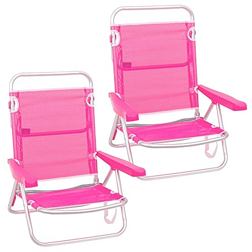 LOLAhome Pack 2 Sillas Playa Plegables | Ligera Portátil | Baja y Reclinable de 4 Posiciones | para Camping, Piscina, Terraza o Jardín Rosa