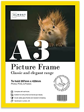 Almost Frameless A3 Yellow Picture Frame, Fits A3 (29.7 x 42cm - 11.7 x 16.5in) Poster, Photo, or Print. Portrait and Horizontal Wall Hooks