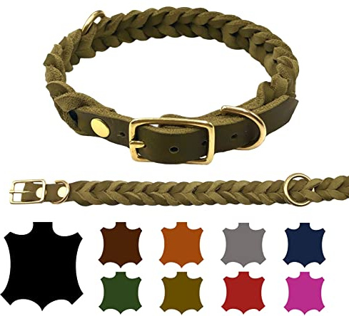 Hundehalsband Fettleder große Hunde verstellbar Messing handgeflochten Made IN Germany Lederhalsband (M 37cm-43cm Breite:25mm, Olivegrün)