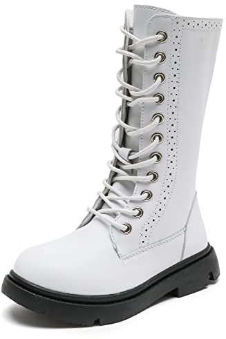 DADAWEN Boys Girls Leather Lace-Up Waterproof Side Zipper Mid Calf Combat Riding Winter Boots (Toddler/Little Kid/Big Kid) White US Size 13 M Little Kid