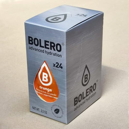 Bolero Drink 24 Bustine 3 gr grammi Sticks Frutta Preparato Polvere Solubile Per Bevanda Fresca in Acqua Prodotto, 72 grammi dolcificato alla stevia (Orange)