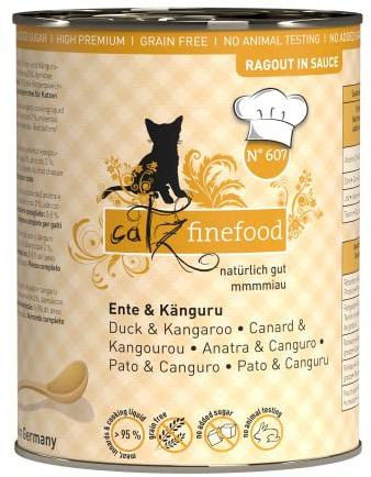 catz finefood Ragout N° 607 - Nourriture Humide pour Chat - Kangourou & Canard - Aliment Fin pour Chats - en Sauce - sans céréales ni Sucre - À Haute teneur en Viande - Boîte de 6 x 380 g