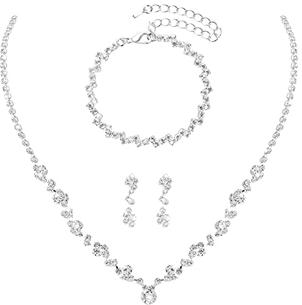Yolev Brautschmuck Set Silber Strass Hochzeitsschmuck Braut Enth?lt Damen Brautjungfer Halsketten Armband Ohrringe Abschlussball Kost¨¹m Schmuck Hochzeit Set f¨¹r Braut Hochzeitsfeier