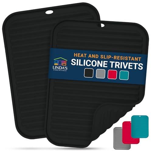 Linda's Essentials Silicone Trivets for Hot Pans and Pots (2 Pack) - Multipurpose Silicone Heat Resistant Mat and Pot Holder Trivet (30 x 23cm) - Heatproof Mats for Kitchen (Black)