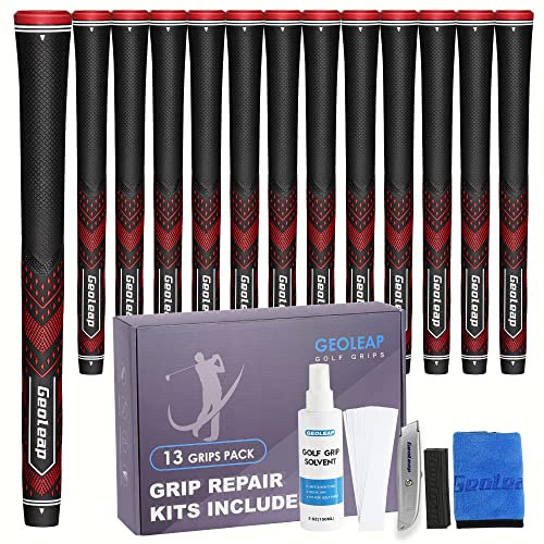 Geoleap Golfgriffe Set von 13 – Weiche Golfschlägergriffe, reduziertes Kegeldesign, 13 Griffe mit 15 Bändern und Reparatursätzen, Schwarz Rot, Standardgröße