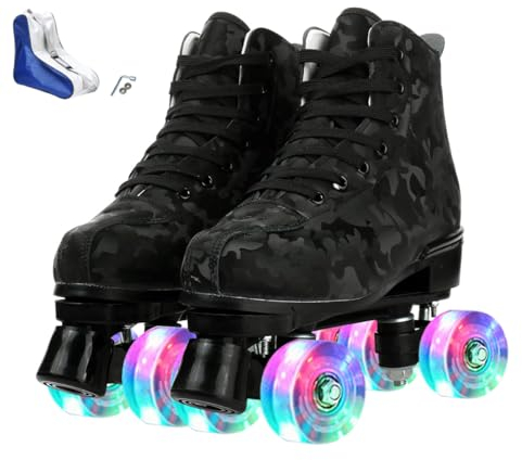 XUDREZ Roller Skates Women Men High-Top Light Up Roller Derby Skates Double Row Roller Skates Unisex Boys Girls for Beginner Indoor Outdoor with Shoes Bag (Black camouflage flash wheel, 38)