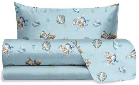 Hermet Jolly - Juego de sábanas para Cama Individual Teddy Bear Azul, 100% algodón, sábana encimera + sábana Bajera + Funda de Almohada, Juego de Cama de Oso Dormitorio