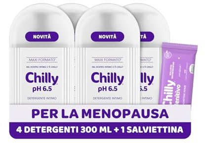 Chilly, Detergente Intimo pH 6.5, Nutriente per la menopausa, con Complesso Anti-Odor Igiene Intima, Con acido ialuronico dalle proprietà idratanti, pH 6.5, Clinicamente Testato, 4 Pezzi da 300 ml