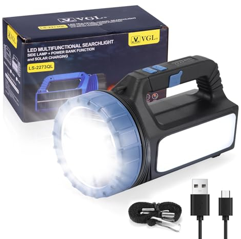 Rechargeable LED Torch Camping Lights with 2400mah USB and Solar Charging 8000 LM High Power Beam Flashlight IP 65 Waterproof Outdoor Searchlight Portable Lightweight Lantern Emergencies Work Light