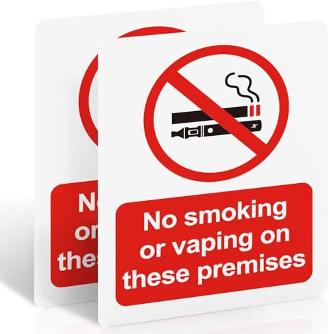 No Smoking or Vaping on These Premises Sign - 2 Pack, 100x75mm Self-Adhesive Vinyl Sticker - UV Printed Matte Surface, Waterproof, EN ISO 7010 Compliant