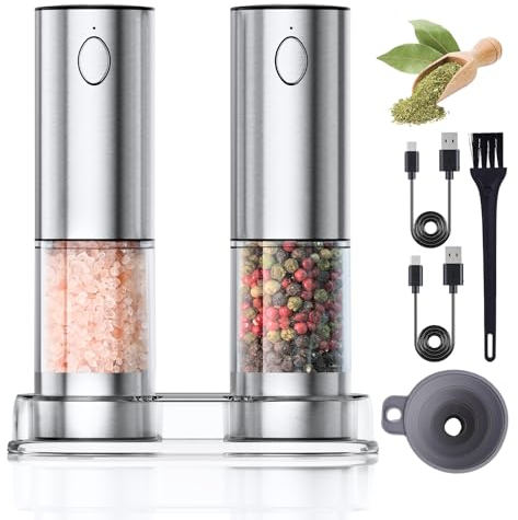 Variglas Macinasale e pepe elettrico, set da 2 pezzi, con USB, ricaricabile, grande capacità, migliorata capacità elettrica, grossolana regolabile, luce LED (01S)