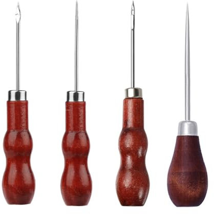 Reccisokz Punzón De 4 Piezas Con Mango De Madera,Punzón Para Niños,Perforadora,Punzón De Costura a Mano,Punzón De Costura Juego De Punzón De Costura