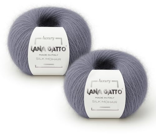 Hilo de Mohaire Seda para tricotar, Lana Gatto Línea Luxury Silk Mohair, 50 gr., 424 mt, (Gris - 30480, 2)
