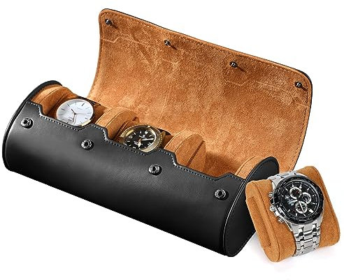 BAIGIO Watch Box 3 Slot Watch Travel Case Leather Watch Roll Watch Box for Men and Women Watch Storage Box Organizer for Small Watches Watch Case Travel Transport Box Watch Bag (Black)