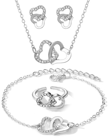 KONFEN Conjuntos de Joyería de las Mujeres, Boda Brillantes Joyas de Piedras Preciosas, Doble Amor Collar Ajustable, Pendientes y Pulsera de Anillo de Cumpleaños Bodas Regalos, Plata
