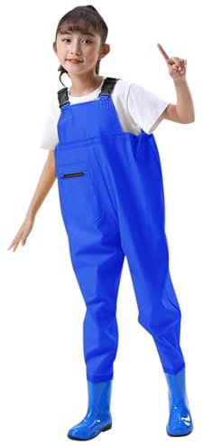 Wathose Kinder, Kinderwathose, Wasserdicht Regenhose mit Stiefeln, Wathose für Kinder Jungen Mädchen, Junior HosenträgerMatschhose Regenstiefel rutschfeste Sohle Gummistiefel für (Blue, 34)