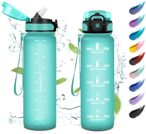 KollyKolla Borraccia 1L,Motivazionale con Cannuccia, Borraccia a Prova di Perdite, Facile da Aprire, Bottiglia Acqua Sportiva con Indicatore del Tempo,per Adulto, Fitness, Ciclismo