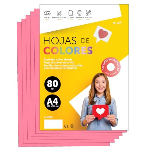 Fogli Colorati A4 80g per Stampanti e Lavoretti Manuali, Blocco di Carta Colorata Assortita per Bambini, Pacchetto di Fogli Colorati per Biglietti M-Office (100 fogli, Rosa)