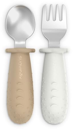 Suavinex, Cubiertos Bebé de Aprendizaje, Pack de Cuchara y Tenedor de Acero Inoxidable, Mango de Silicona Antideslizante, Ergonómicos, Seguros, para BLW, para Bebés +6 Meses, Apto Lavavajillas, Beige