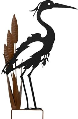 Figura decorativa airone con tifa, 63,5 cm, in metallo, resistente alle intemperie, per laghetto e aiuole, spina in metallo, decorazione da giardino, per esterni, colore nero e marrone