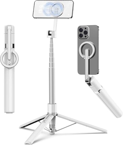 TONEOF 173cm Trípode Magnético para Movil Palo Selfie, Soporte Magnético de Aluminio-Teléfono Giratorio de 360°, Trípode Viaje Retráctil con Anillo Metálico&Control,Kits de Vídeo para Teléfonos-Blanco