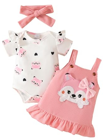 UUAISSO Conjuntos Para Bebé Niña Mono Manga Corta con Estampado de Corazones Falda Tirantes Vestido oso Diadema con lazo 0-18 meses Zorro Rosa 3-6 meses