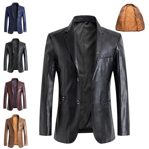 WINDEHAO Blazer de cuero para hombre, piel de cordero real, casual, con solapa, 2 botones, chaqueta delgada para motociclista, chaqueta inteligente para motociclista
