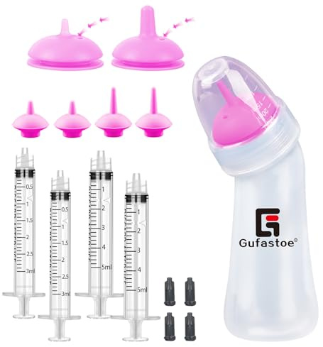 Gufastoe Puppy Bottle, Pet Feeding Nipple and Syringes, Kitten Bottles for Breastfeeding Kit for Puppies Dogs Cats or Other Newborn Pets, Pack of 15 (Pink)