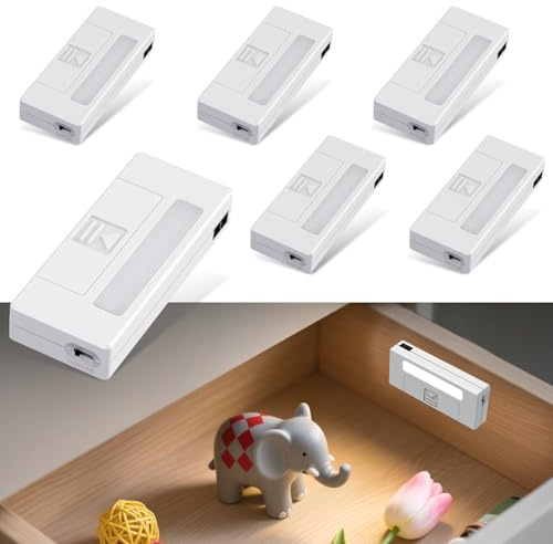Alinana Lampe Tiroir, Lot de 6 Éclairage de Tiroir LED avec Capteur de Porte Infrarouge Réfléchissant, Éclairage de Tiroir 6000K Blanc Froid pour Tiroirs, Armoires, Coffre-fort
