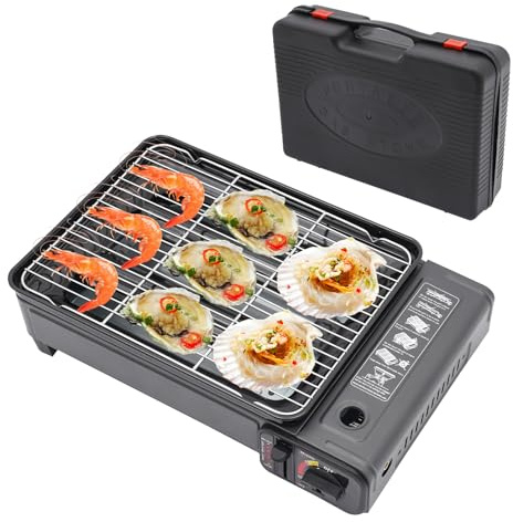 Barbacoa de butano portátil con 2 puertos de gas – Barbacoa de gas compacta para camping y jardín, incluye accesorios y maletín de transporte