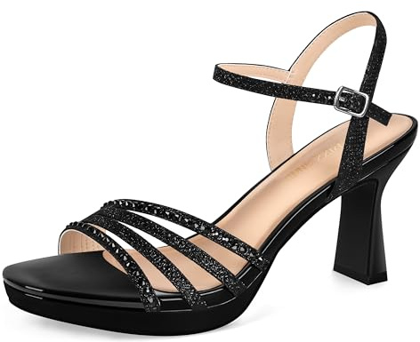 PIZZ ANNU Lena Sandali Platform Donna Estive Eleganti Glitter Strass Punta Aperta Sandalo con Tacco Plateau Scarpe per Cerimonia Sposa con Cinturino alla Caviglia Nero EU 36