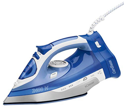 Bomann DB 6006 CB - Ferro a vapore senza fili, suola in ceramica antigraffio, 7 funzioni, regolazione continua della temperatura, colore: bianco/blu