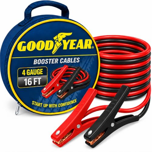 Goodyear GY1069 Cables de puente de alta resistencia 16 pies de largo calibre 4 grueso elevador de emergencia funda de transporte incluida Compatible con todos los vehículos Contactos de cobre