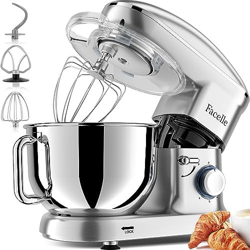 Robot da cucina, impastatrice Facelle, 1500 W, con ciotola in acciaio inox da 6,2 l, 6 velocità, impastatrice silenziosa, con frusta, gancio per impastare, racchetta