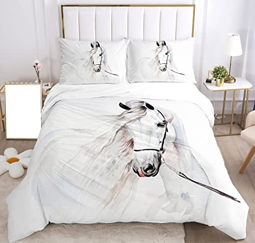 Bettwäsche-Set für Pferde 3D-Druck, Kinder Bettwäsche Set Tier Pferde Motiv Mikrofaser Bettbezug Set mit Reißverschluss und Kissenbezug 50x75cm,für Kinder, Jungen, Jugendlich. (Weiß, 135x200cm)