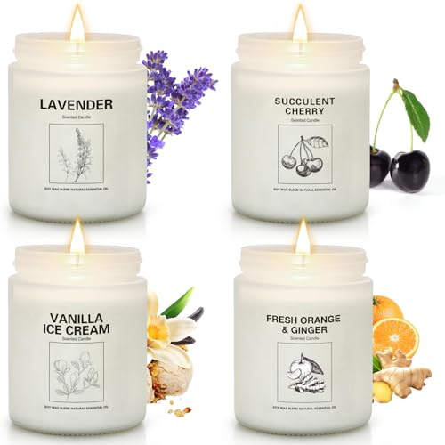 Soy Wax Scented Candle Gift Set, 4 Pack Lavender, Orange & Ginger, Vanilla Scents, Long Lasting Aromatherapy Candles for Home, Relaxing Holiday & Thanksgiving Gifts for Women, Mom & Friends