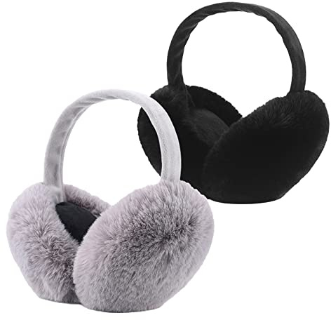 IHCEMIH 2 Piezas Orejeras para Mujer Hombre Accesorio de Invierno Esponjosas de Felpa Plegable Adultos Térmicas al Aire Libre Esquí Correr Protector de Viento Frio Regalo Moda Niñas Gris Damas Negro