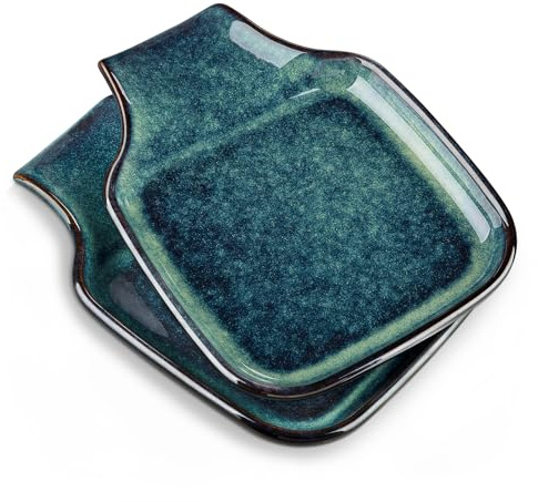 vancasso Stern Spoon Rest for Kitchen, Square Ceramic Spoon Holder, Heat Resistant Utensil Rest for Countertop, Tea Bag Holder Dish, Dishwasher Safe, Kiln Green, 2 Pack