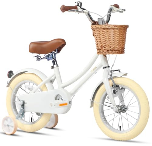 Glerc 14 Pulgadas Niños Niñas Bicicleta para 3 4 5 Años Niñas Retro Estilo Vintage Bicicletas con Cesta Ruedas de Entrenamiento y Campana, Blanco