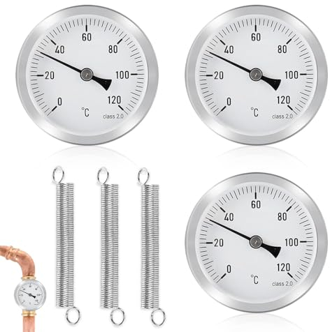 Udbrud Anlegethermometer Heizungsrohr, 3 Stück Rohrthermometer mit 3 Feder Ø 63 mm Zeigerthermometer mit Edelstahlzeiger Rohr-Thermometer 0-120 °C Wasserdichte Staubdichte Heißwasser Thermometer