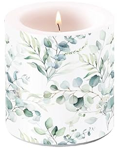 Ambiente Kerze Blumen Blätter vom Eukalyptus als Tischdeko. Motivkerze rund klein für den gedeckten Tisch Ø7,5 x 9cm